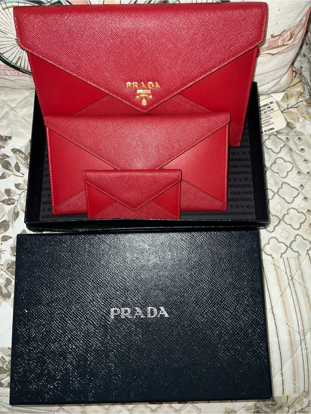Prada Red Saffiano Envelope Clutch with Gold Logo